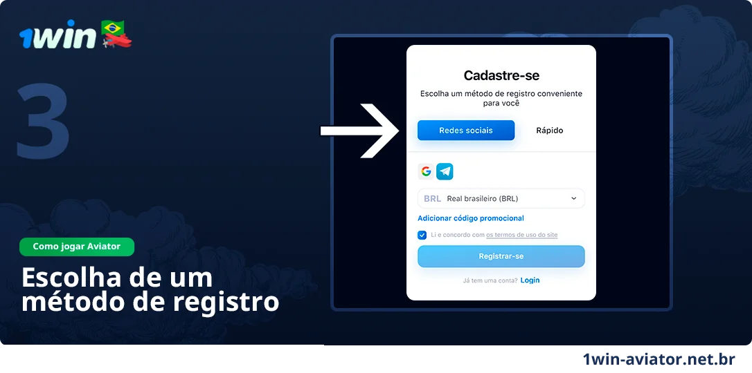 Escolha o método de registro - Rápido ou usando redes sociais - 1Win Aviator
