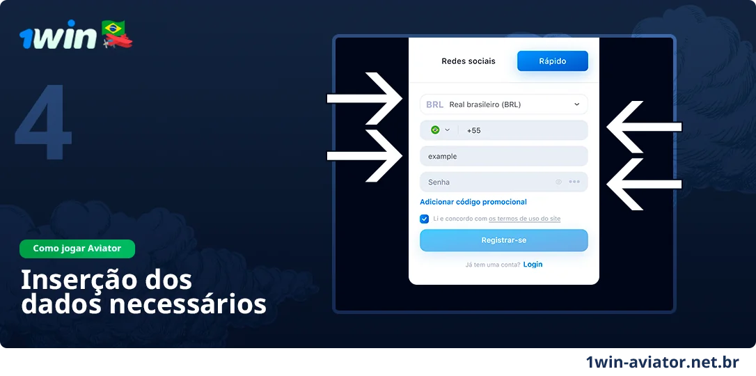 Preencha todas as informações necessárias no formulário de inscrição - 1Win Aviator Brasil