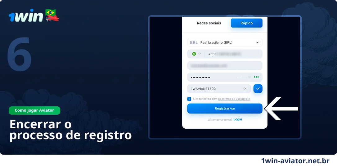 Clique em registrar e finalize o procedimento de registro - 1Win Aviator