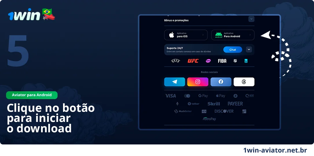 Clique no botão 'Baixar para Android' - 1Win Aviator