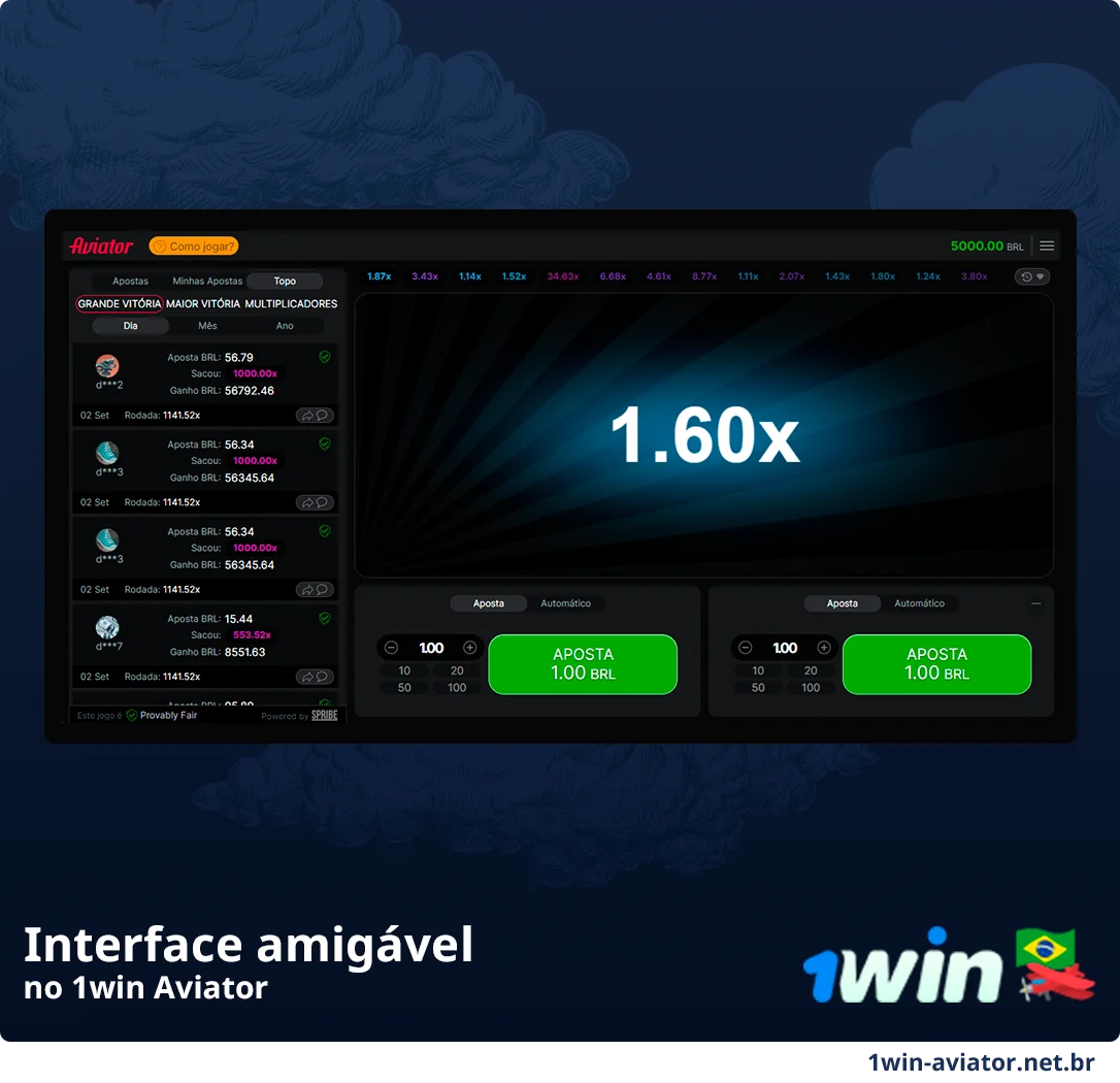 Interface do Aviador 1Win