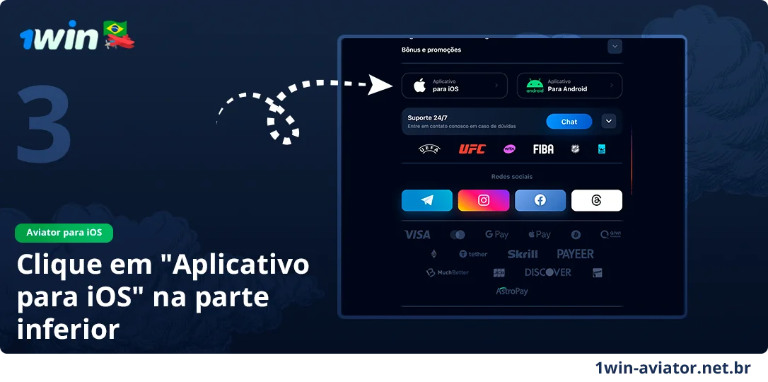 Vá até o final do site 1Win e clique no botão "Download para iOS"