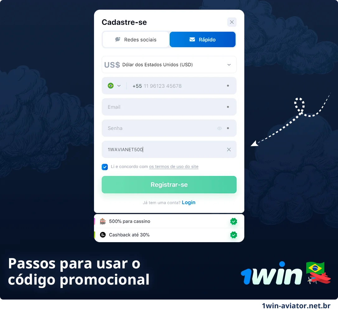 Etapas para usar o código promocional 1Win Aviator