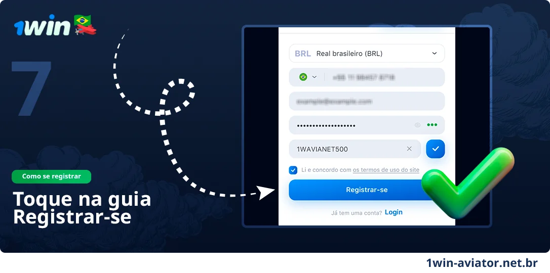 Clique no botão azul "Registro" para finalizar o registro do 1Win Aviator
